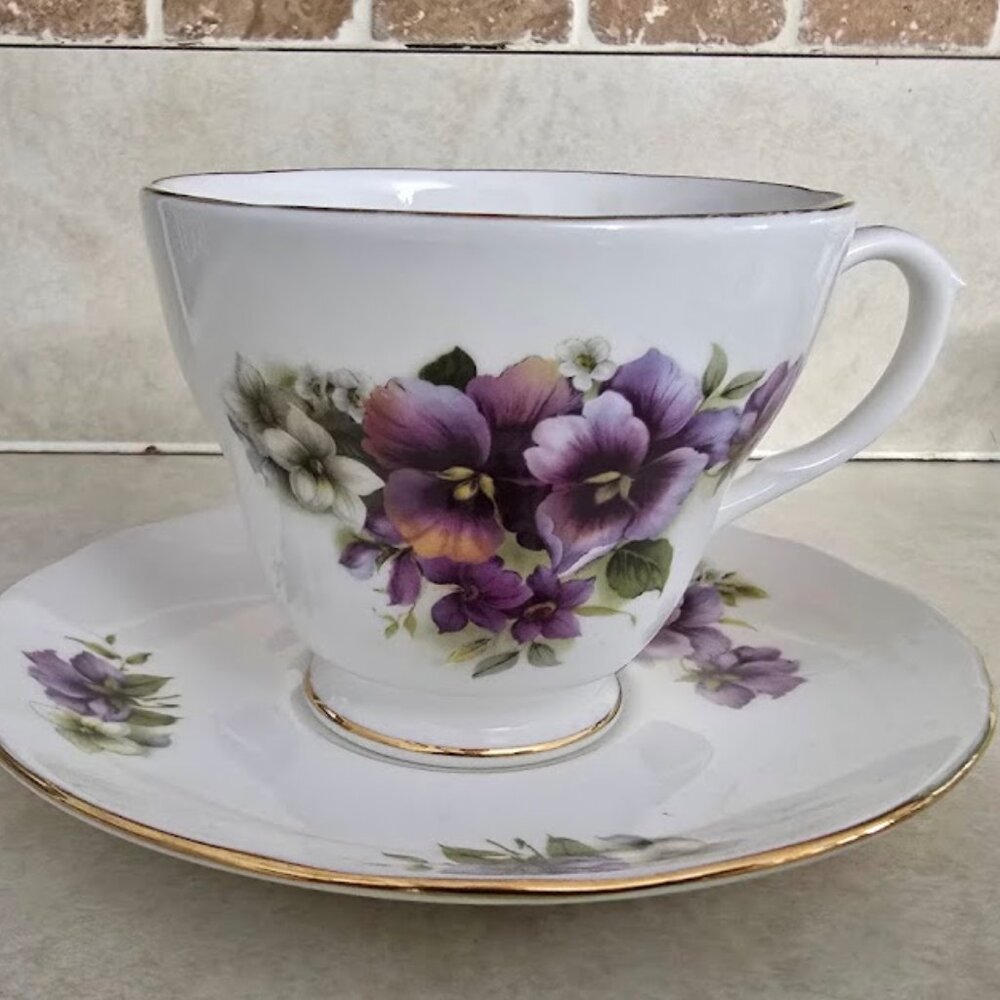 Duchess China Cup and Saucer with Pansies and Gold Leaf